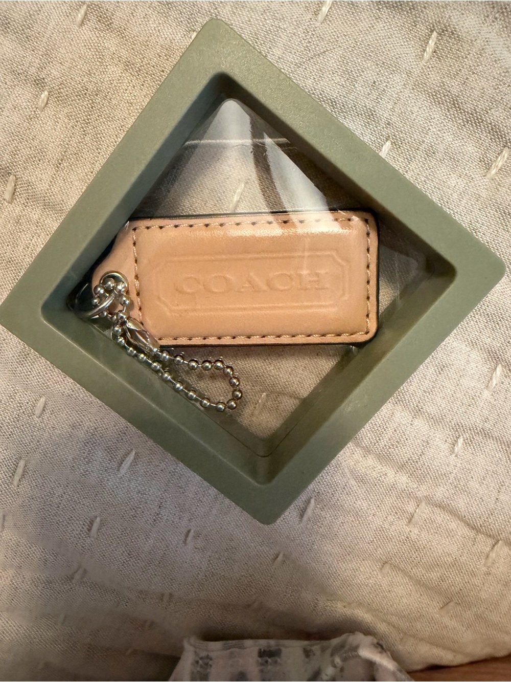 Coach Leather Key Tag in Tan with Silver Chain 2”